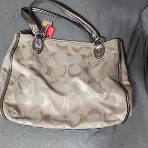 Coach Beige and Brown Signature Shoulder Bag